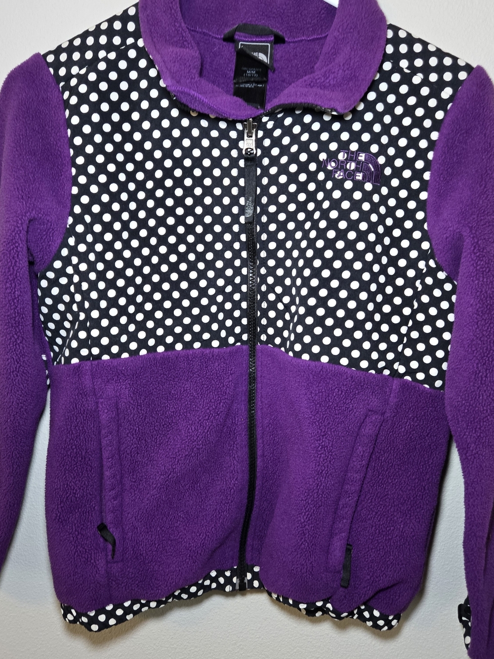 The North Face Girls' Purple Fleece Jacket with Black & White Polka Dot Panel